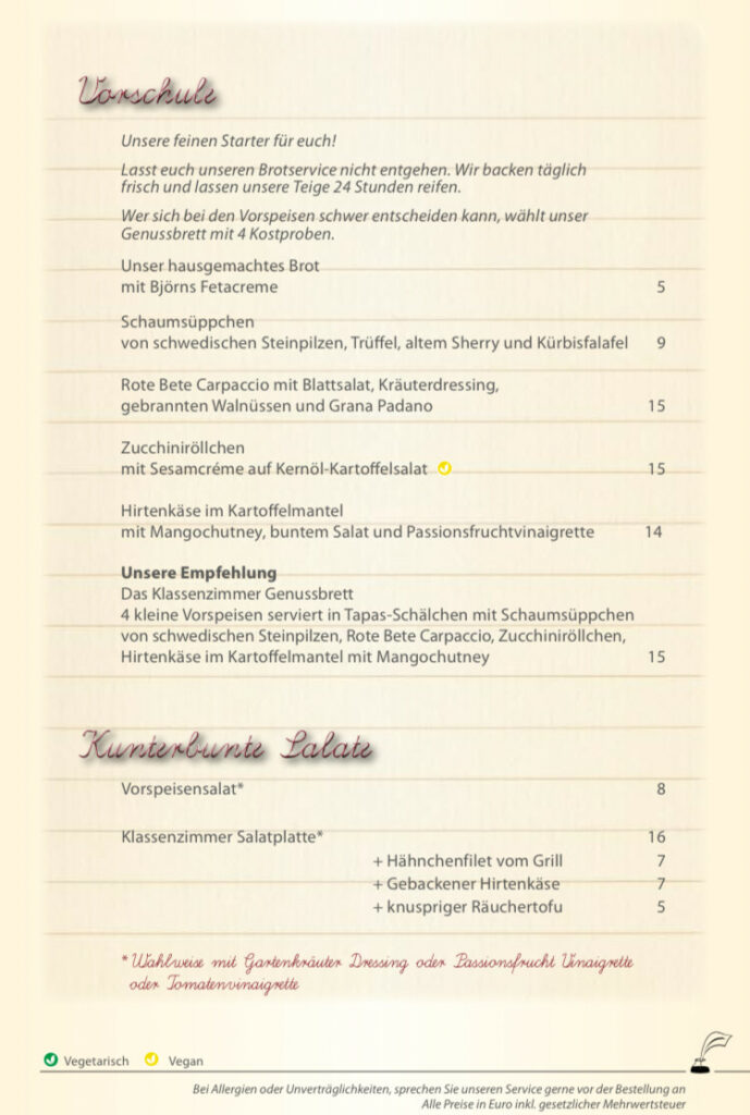 Restaurant Klassenzimmer Speisekarte Restaurant Klassenzimmer Speisekarte
