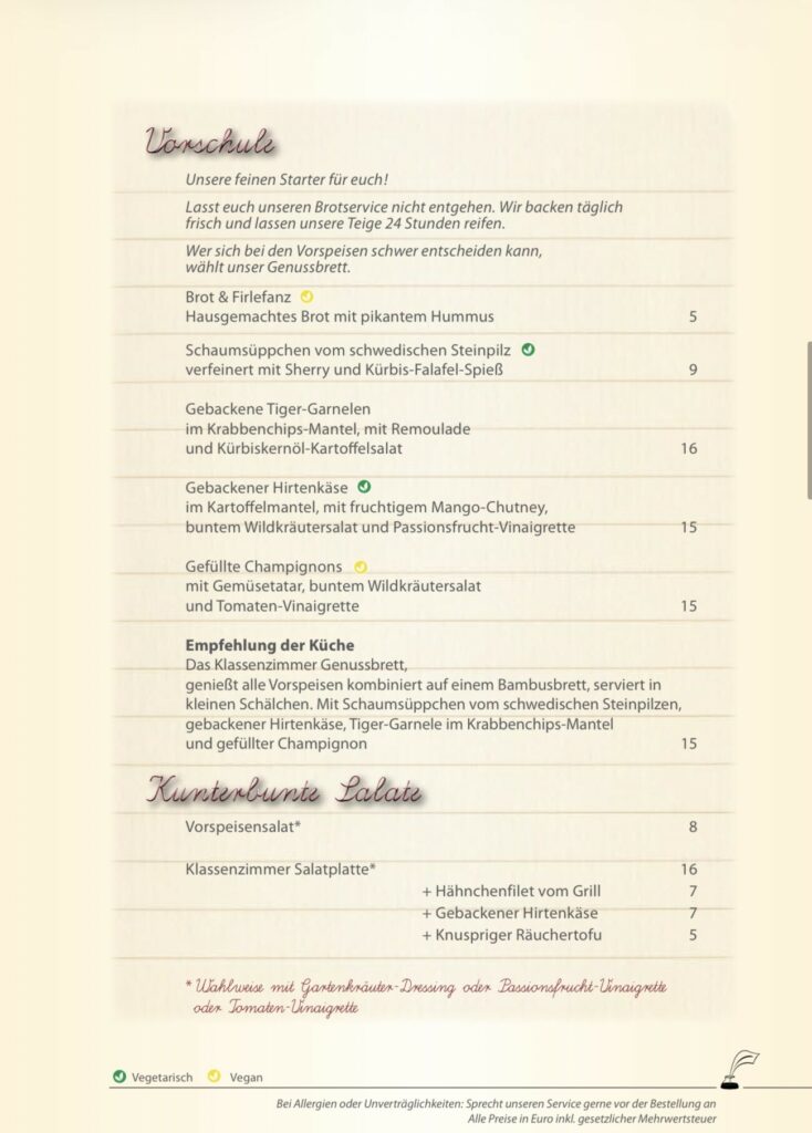 Restaurant Klassenzimmer Speisekarte Restaurant Klassenzimmer Speisekarte