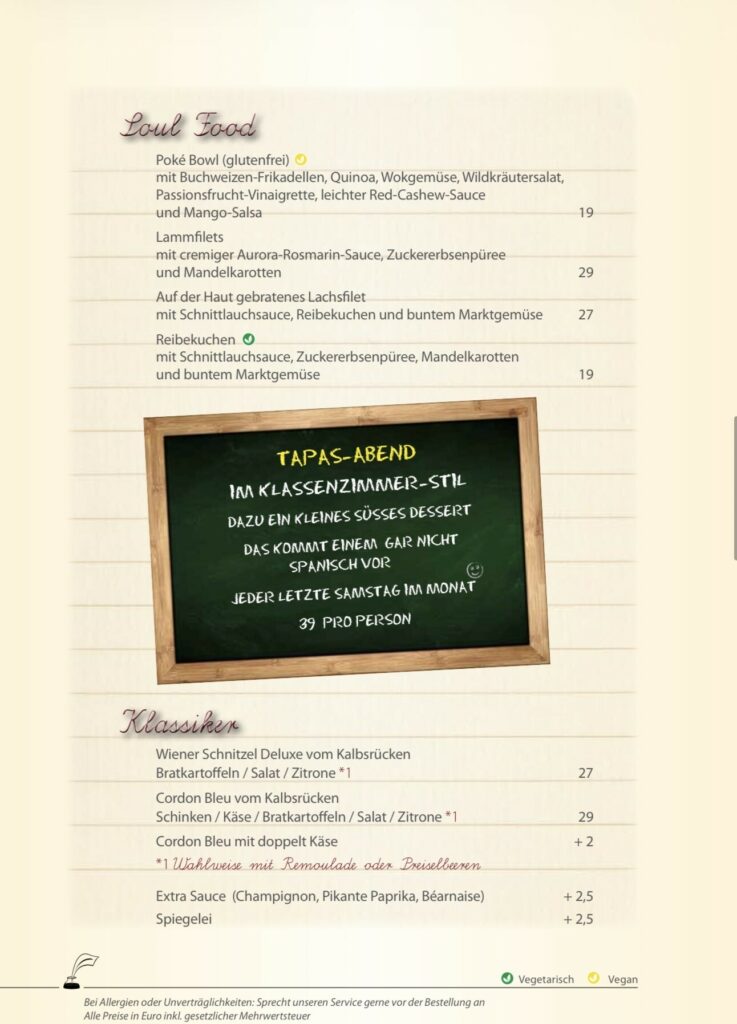 Restaurant Klassenzimmer Speisekarte Restaurant Klassenzimmer Speisekarte