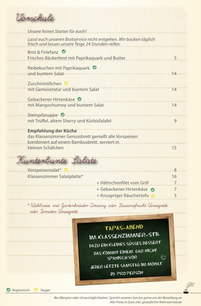 Restaurant Klassenzimmer Speisekarte Restaurant Klassenzimmer Speisekarte